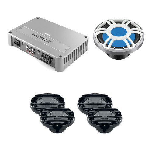 Hertz V5C Amp + 4 HMX 8-S Speakers + HMS 10in Marine Sub