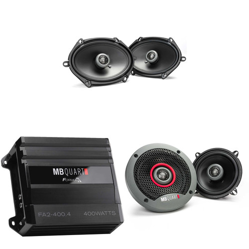 MB Quart FA2-400.4 FORMULA 400 Watt Amplifier 4-Channel Car Audio Amplifier with MB Quart FKB113 Formula 5.25 inch Coax Car Speaker System and FKB168 Formula 6x8" Coax Speakers