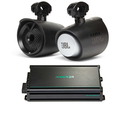 JBL MT6HLB 6.5" Two-way Marine Tower Speaker with 1" Horn Loaded Compression Tweeter – Black and Kicker 45KMA300.4 150 Watts Per Channel Bridged