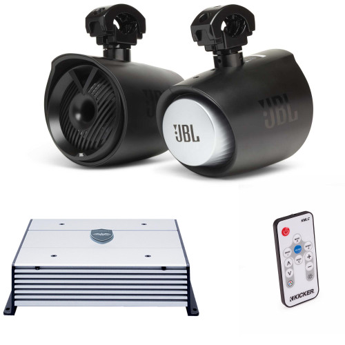 JBL MT6HLB 6.5" 2-way Marine Tower Speaker Black & Wet Sounds HTX2 2 Channel Amplifier with Kicker 41KMLC LED Controller