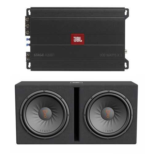 JBL STAGE1200D Dual 12" Car Audio Ported Enclosure with STAGEA3001AM 300 Watt Mono Amplifier