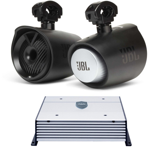 JBL MT6HLB 6.5" 2-way Marine Tower Speaker with 1" Horn Loaded Compression Tweeter – Black & Wet Sounds HTX2 2 Ch. Amp