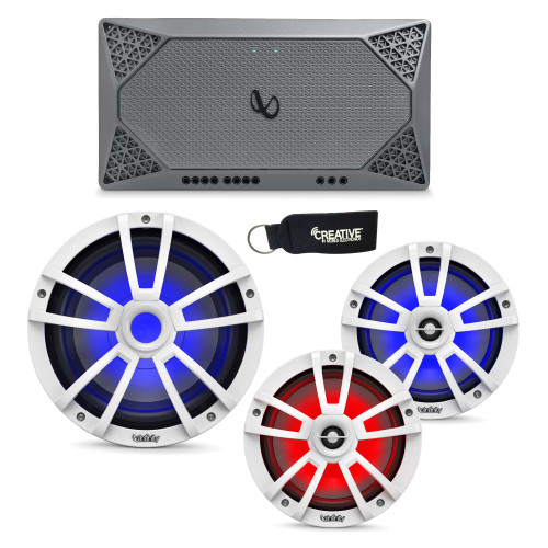 Infinity Marine - A Pair of 822MLW White 8" LED Speakers, A 1022MLW 10" LED Subwoofer & a M704A 4-Channel Amplifier