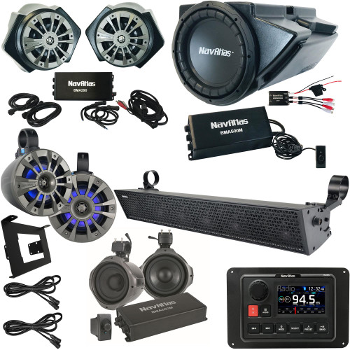 NavAtlas RZR1ZONE6S - NA30C 3" Source Unit with Roll-Bar & Kick-Panel Speakers, 27" Soundbar, Glove-Box Subwoofer, Roll Cage Subwoofers, and Wiring Compatible With 2019-2020 Polaris RZR Turbo S