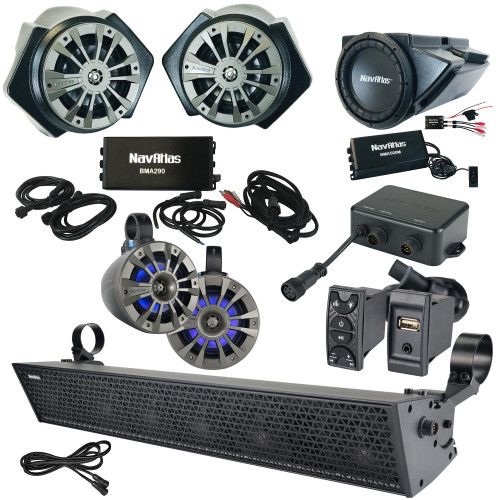 NavAtlas RZR2ZONE5 - NA2BT Bluetooth Receiver with Roll-Bar & Kick-Panel Speakers, 27" Soundbar, Glove-Box Subwoofer, and Wiring Compatible With 2016-2020 Polaris RZR