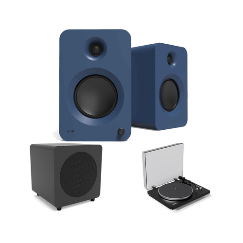 Kanto OBI3G2VMB Bluetooth Turntable + Kanto Renmu Matte Blue Bookshelves + Kanto Black Sub