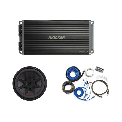 Kicker 52CVR124 12" CompVR Subwoofer + KEY500.1 Smart Amp & 8GA Kit