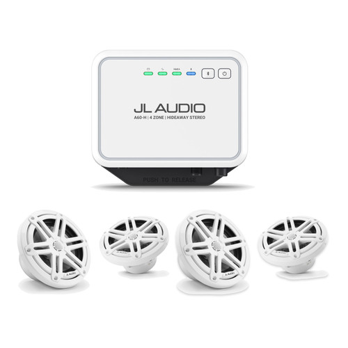 JL Audio A60-H Hideaway Marine Stereo & 4 M3 6.5" Speakers (2 Pairs) - Gloss White Sport Grilles, Non-LED