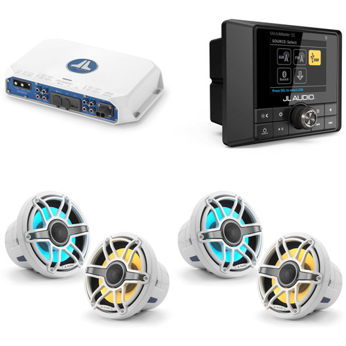 JL Audio MM50 & MV400/4i w/ (2) M6-880X-S-GwGw-i, RGB LED Gloss White, Sport Grille Speakers