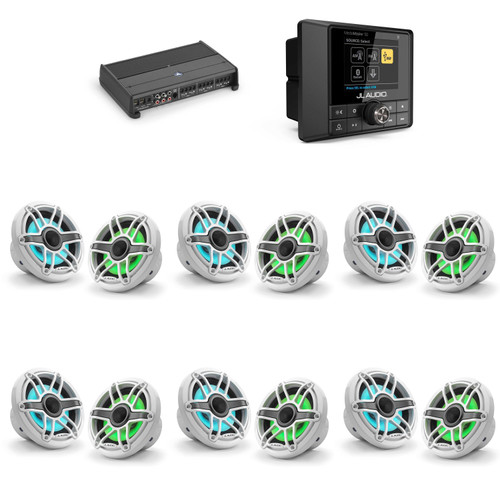 JL Audio MM50 & XDM600/6 w/ (6) M6-650X-S-GwGw-i, RGB LED Gloss White, Sport Grille Speakers