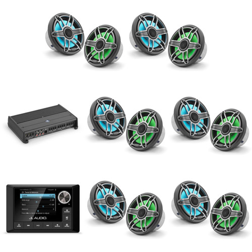 JL Audio MM105 & XDM600/6 w/ (6) M6-770X-S-Gmti-i, RGB LED, Gunmetal & Titanium Sport Grille Speakers