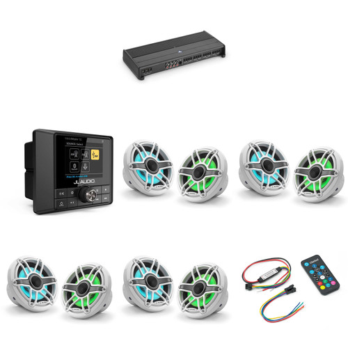 JL Audio MM50 & XDM800/8 w/ (4) M6-650X-S-GwGw-i, RGB LED Gloss White, Sport Grille Speakers & LED Controller