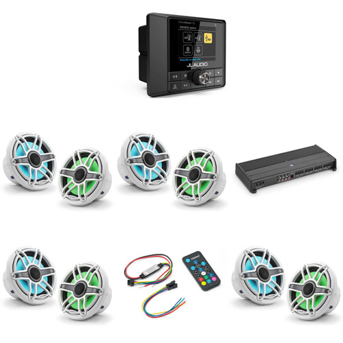 JL Audio MM50 & XDM800/8 w/ (4) M6-770X-S-GwGw-i, RGB LED Gloss White, Sport Grille Speakers & LED Controller