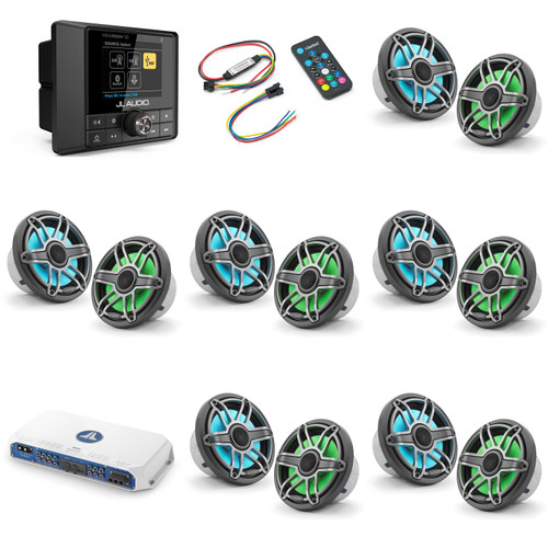 JL Audio MM50 & MV600/6i w/ (6) M6-770X-S-Gmti-i, RGB LED, Gunmetal & Titanium Sport Grille Speakers & LED Controller