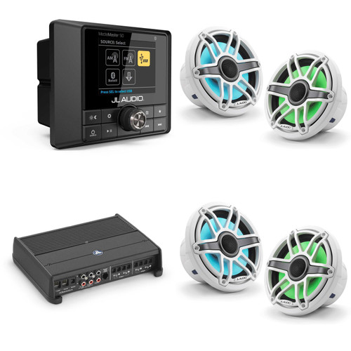 JL Audio MM50 & XDM400/4 w/ (2) M6-770X-S-GwGw-i, RGB LED Gloss White, Sport Grille Speakers