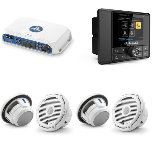 JL Audio MM50 & MV400/4i w/ (2) M6-770X-C-3Gw 7.7, Gloss White, White Tweeter, Classic Grille Speakers