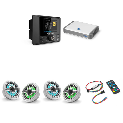 JL Audio MM50 & MHD600/4 w/ (2) M6-650X-S-GwGw-i, RGB LED Gloss White, Sport Grille Speakers & LED Controller