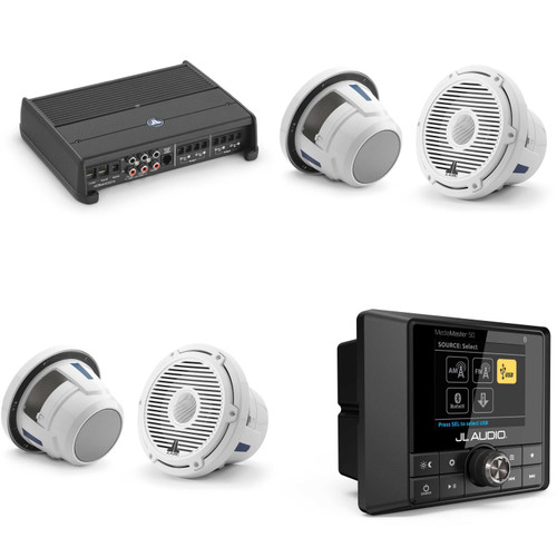 JL Audio MM50 & XDM400/4 w/ (2) M6-880X-C-3Gw 8.8, Gloss White, White Tweeter, Classic Grille Speakers