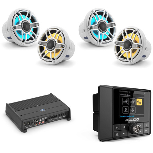 JL Audio MM50 & XDM400/4 w/ (2) M6-880X-S-GwGw-i, RGB LED Gloss White, Sport Grille Speakers