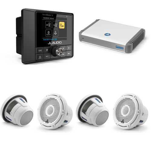 JL Audio MM50 & MHD600/4 w/ (2) M6-880X-C-3Gw 8.8, Gloss White, White Tweeter, Classic Grille Speakers