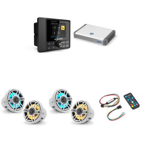 JL Audio MM50 & MHD600/4 w/ (2) M6-880X-S-GwGw-i, RGB LED Gloss White, Sport Grille Speakers & LED Controller