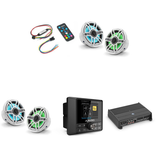 JL Audio MM50 & XDM400/4 w/ (2) M6-770X-S-GwGw-i, RGB LED Gloss White, Sport Grille Speakers & LED Controller