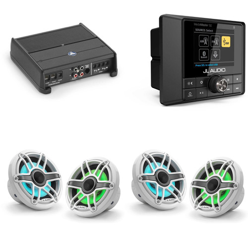 JL Audio MM50 & XDM200/2 w/ (2) M6-650X-S-GwGw-i, RGB LED Gloss White, Sport Grille Speakers