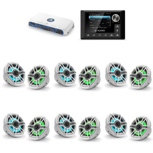 JL Audio MM105 & MV600/6i w/ (6) M6-650X-S-GwGw-i, RGB LED Gloss White, Sport Grille Speakers