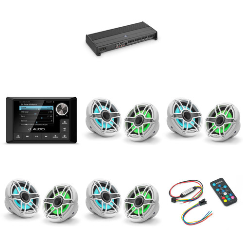 JL Audio MM105 & XDM800/8 w/ (4) M6-650X-S-GwGw-i, RGB LED Gloss White, Sport Grille Speakers & LED Controller