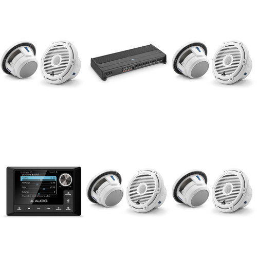JL Audio MM105 & XDM800/8 w/ (4) M6-770X-C-3Gw 7.7, Gloss White, White Tweeter, Classic Grille Speakers