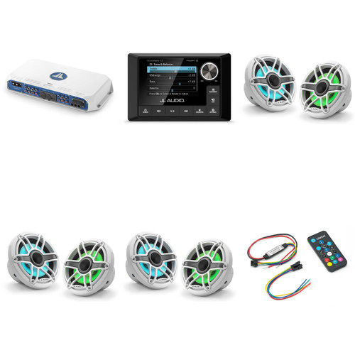 JL Audio MM105 & MV600/6i w/ (3) M6-650X-S-GwGw-i, RGB LED Gloss White, Sport Grille Speakers & LED Controller