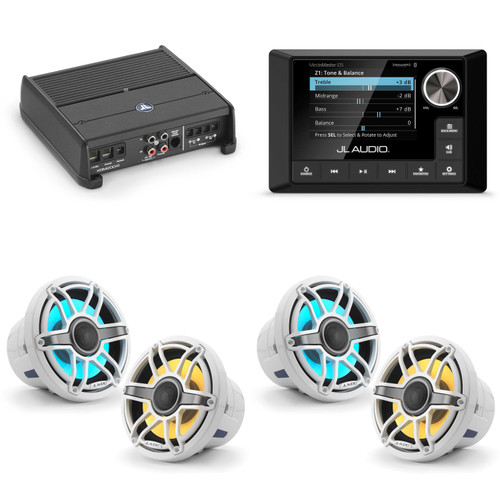 JL Audio MM105 & XDM200/2 w/ (2) M6-880X-S-GwGw-i, RGB LED Gloss White, Sport Grille Speakers