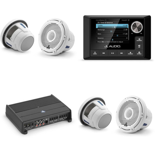JL Audio MM105 & XDM400/4 w/ (2) M6-880X-C-3Gw 8.8, Gloss White, White Tweeter, Classic Grille Speakers