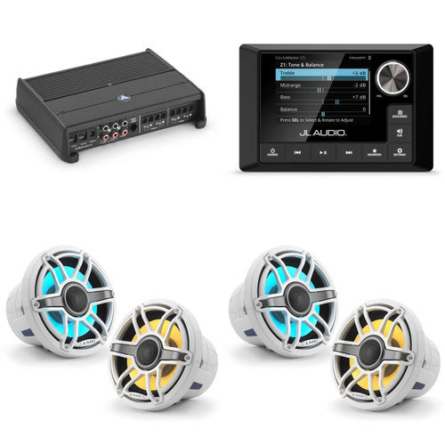 JL Audio MM105 & XDM400/4 w/ (2) M6-880X-S-GwGw-i, RGB LED Gloss White, Sport Grille Speakers