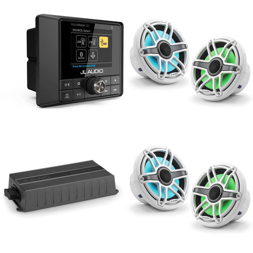 JL Audio MM50 & MX500/4 w/ (2) M6-770X-S-GwGw-i, RGB LED Gloss White, Sport Grille Speakers