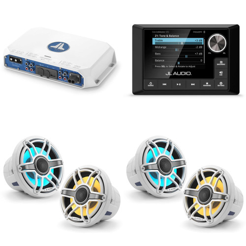 JL Audio MM105 & MV400/4i w/ (2) M6-880X-S-GwGw-i, RGB LED Gloss White, Sport Grille Speakers