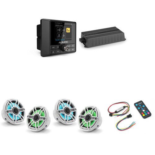 JL Audio MM50 & MX500/4 w/ (2) M6-770X-S-GwGw-i, RGB LED Gloss White, Sport Grille Speakers & LED Controller