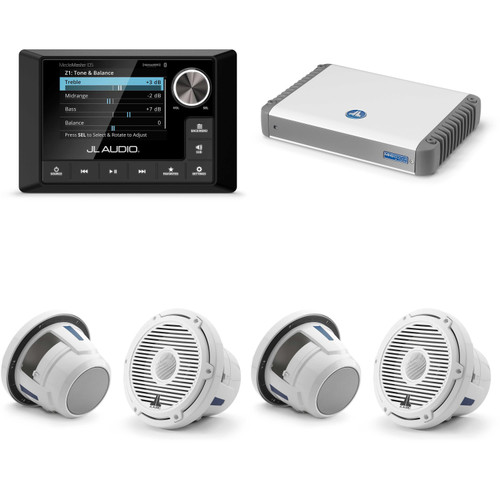 JL Audio MM105 & MHD600/4 w/ (2) M6-880X-C-3Gw 8.8, Gloss White, White Tweeter, Classic Grille Speakers