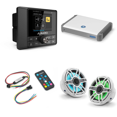 JL Audio MM50 & MHD600/4 w/ M6-770X-S-GwGw-i, RGB LED Gloss White, Sport Grille Speakers & LED Controller