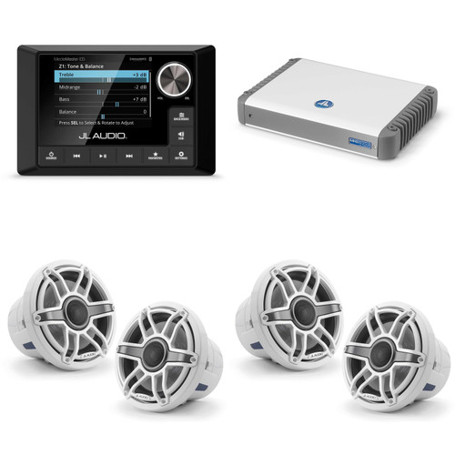 JL Audio MM105 & MHD600/4 w/ (2) M6-880X-S-GwGw, Gloss White, Sport Grille Speakers