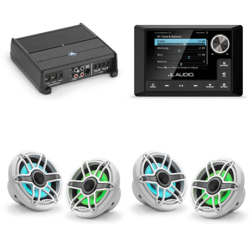 JL Audio MM105 & XDM200/2 w/ (2) M6-650X-S-GwGw-i, RGB LED Gloss White, Sport Grille Speakers