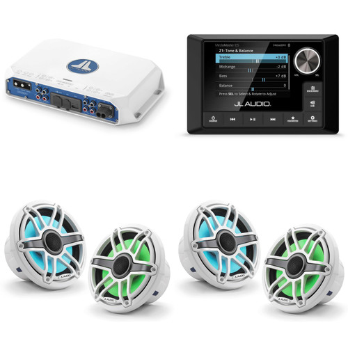 JL Audio MM105 & MV400/4i w/ (2) M6-770X-S-GwGw-i, RGB LED Gloss White, Sport Grille Speakers