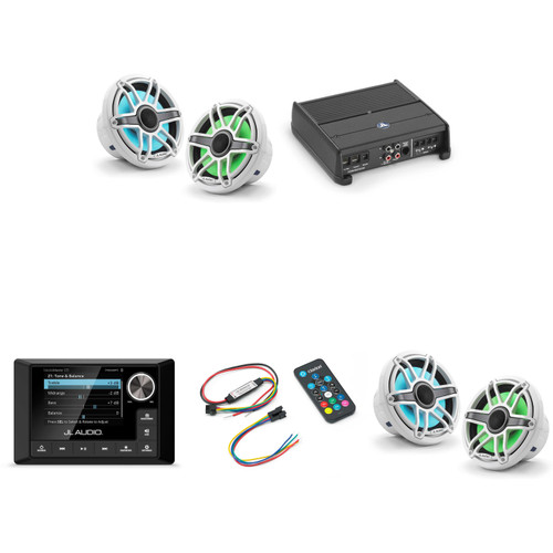JL Audio MM105 & XDM200/2 w/ (2) M6-770X-S-GwGw-i, RGB LED Gloss White, Sport Grille Speakers & LED Controller