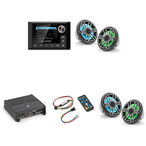 JL Audio MM105 & XDM200/2 w/ (2) M6-770X-S-Gmti-i, RGB LED, Gunmetal & Titanium Sport Grille Speakers & LED Controller