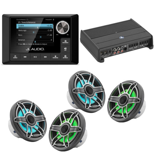 JL Audio MM105 & XDM400/4 w/ (2) M6-650X-S-Gmti-i, RGB LED, Gunmetal & Titanium Sport Grille Speakers
