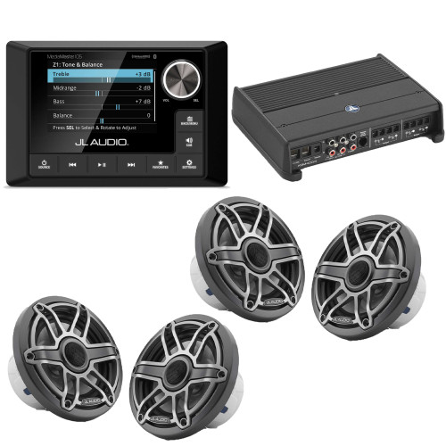 JL Audio MM105 & XDM400/4 w/ (2) M6-650X-S-Gmti, Gunmetal & Titanium Sport Grille Speakers