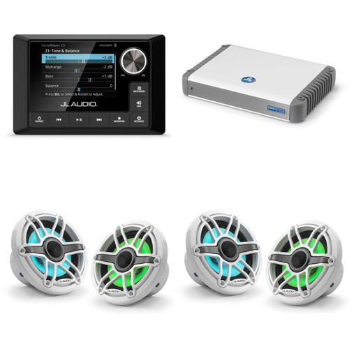JL Audio MM105 & MHD600/4 w/ (2) M6-650X-S-GwGw-i, RGB LED Gloss White, Sport Grille Speakers