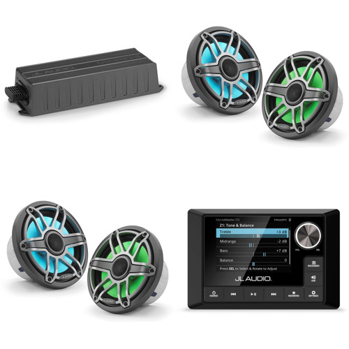 JL Audio MM105 & MX280/4 w/ (2) M6-770X-S-Gmti-i, RGB LED, Gunmetal & Titanium Sport Grille Speakers