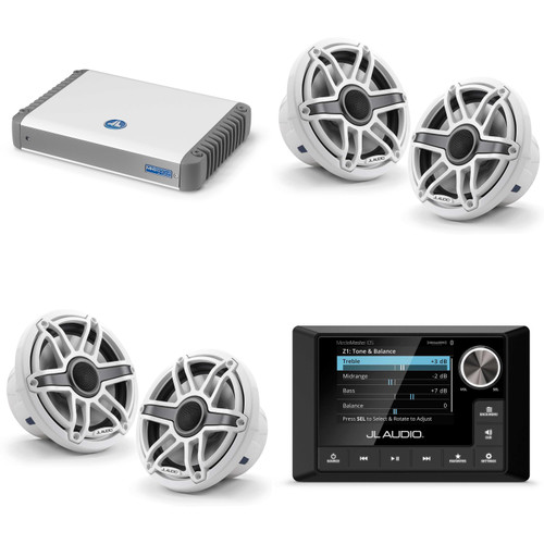 JL Audio MM105 & MHD600/4 w/ (2) M6-770X-S-GwGw, Gloss White, Sport Grille Speakers
