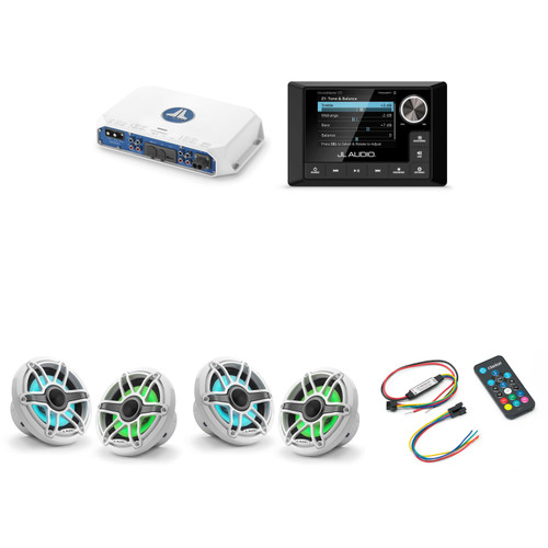 JL Audio MM105 & MV400/4i w/ (2) M6-650X-S-GwGw-i, RGB LED Gloss White, Sport Grille Speakers & LED Controller